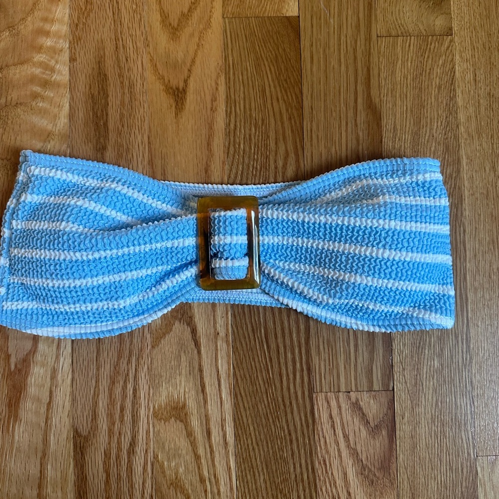 Blue and White Striped Bathing Suit with Detail